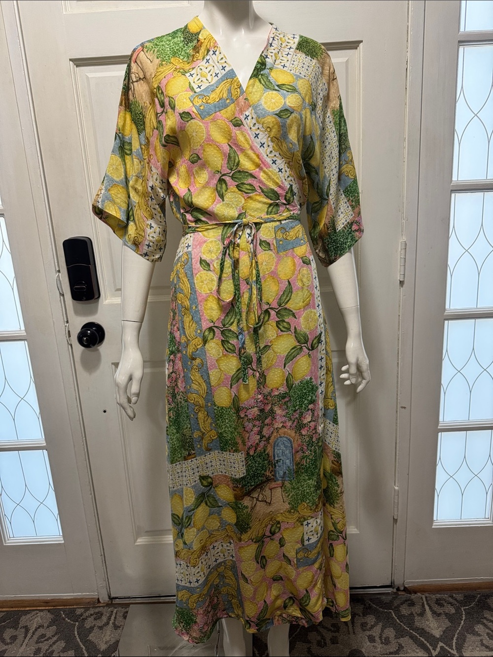 Aldo Martins Abstract Print Knit Tie Waist Midi Cardigan Dress Floral Lemons O/S - Picture 5 of 16
